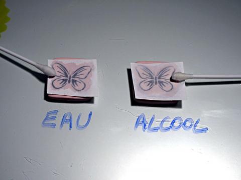 Test du transfert avec de l'alcool ou de l'eau